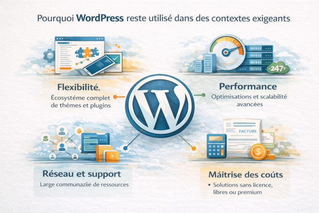 Illustration représentant des usages exigeants de WordPress : site institutionnel, média à fort trafic, infrastructure technique sécurisée et publication à grande échelle.