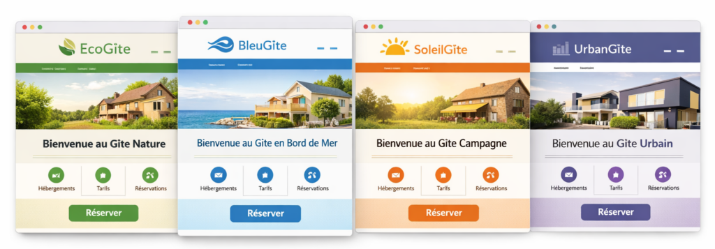 Illustration montrant plusieurs sites WordPress construits sur la même structure, avec des variations de couleurs, typographie et identité visuelle