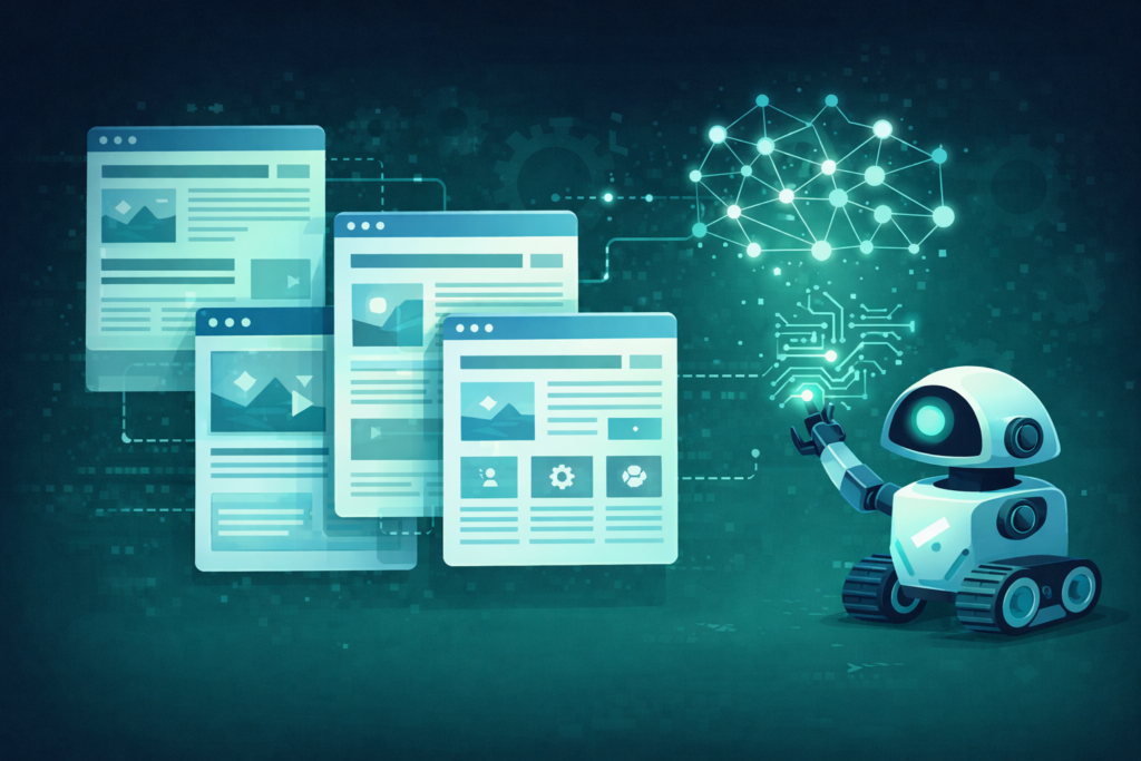 Illustration de systèmes d’IA analysant des pages web structurées pour en extraire et comprendre les contenus