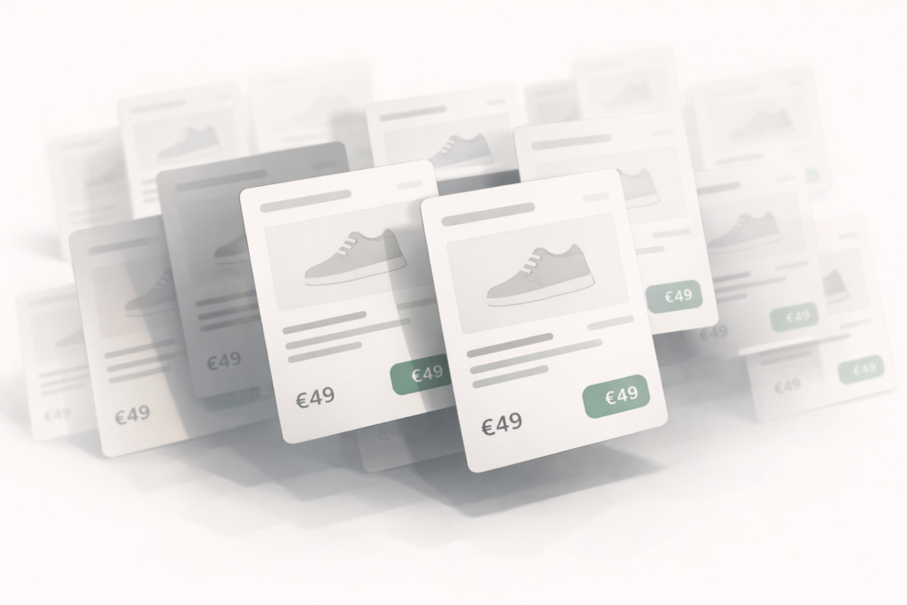 Plusieurs fiches produits très similaires se chevauchant, illustrant la concurrence interne dans un catalogue WooCommerce