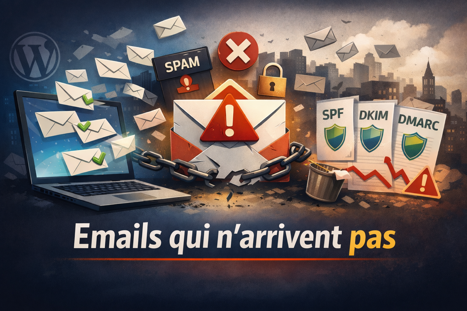 Illustration sur les problèmes d'envois d'emails, incluant des éléments liés au spam et à la sécurité.