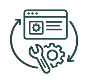 Icône représentant un site web en cours de mise à jour avec des engrenages et une clé à molette.