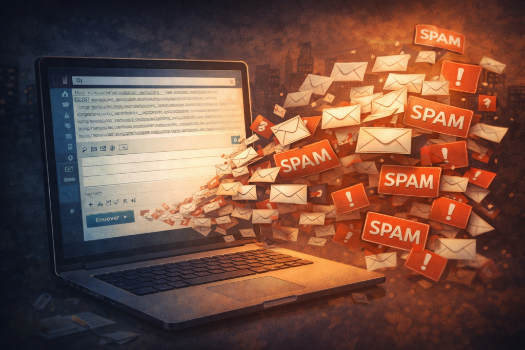 Illustration montrant l’envoi manuel d’emails en masse depuis un logiciel de messagerie, avec plusieurs messages rejetés ou classés en spam.