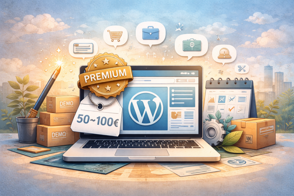 Illustration représentant la promesse d’un thème WordPress premium : interface attractive, nombreuses options et impression de site clé en main.