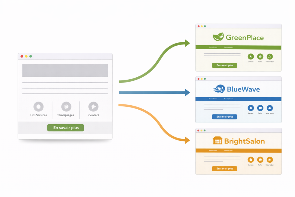 Schéma montrant un site WordPress de base décliné en plusieurs versions via le multisite, avec la même structure et des identités visuelles différentes
