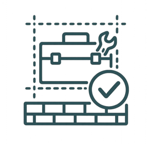 Icône représentant des outils et un symbole de validation sur un fond minimaliste.