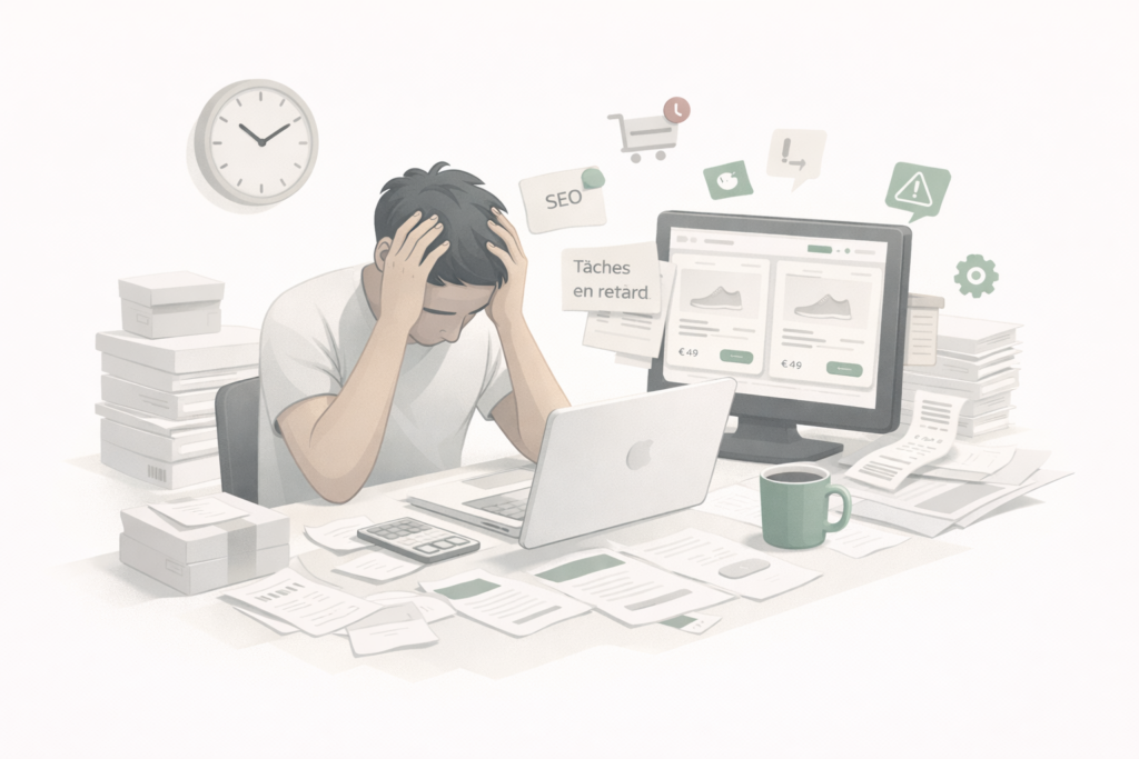 Commerçant débordé devant sa boutique WooCommerce, entouré de tâches administratives et de fiches produits à gérer