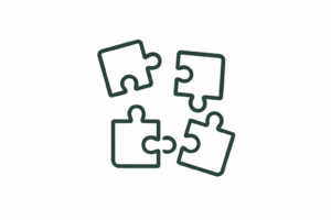 Icônes de pièces de puzzle regroupées, symbolisant l'assemblage et la cohésion.