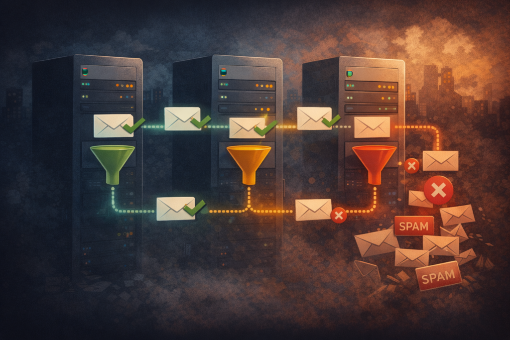 Illustration montrant le parcours d’un email entre plusieurs serveurs, avec des filtres successifs qui laissent passer certains messages et en bloquent d’autres vers le spam.