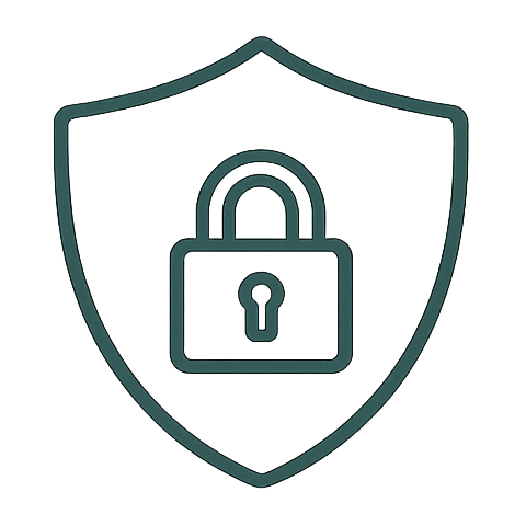 Icône de sécurité représentant un cadenas sur un bouclier, symbolisant la protection et la fiabilité numérique.