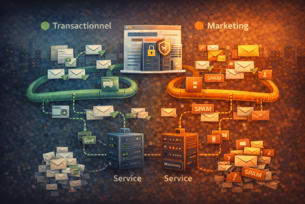 Schéma illustrant la séparation des usages email entre messages transactionnels et campagnes marketing, tous deux envoyés via des services professionnels dédiés, afin de protéger la réputation du nom de domaine.