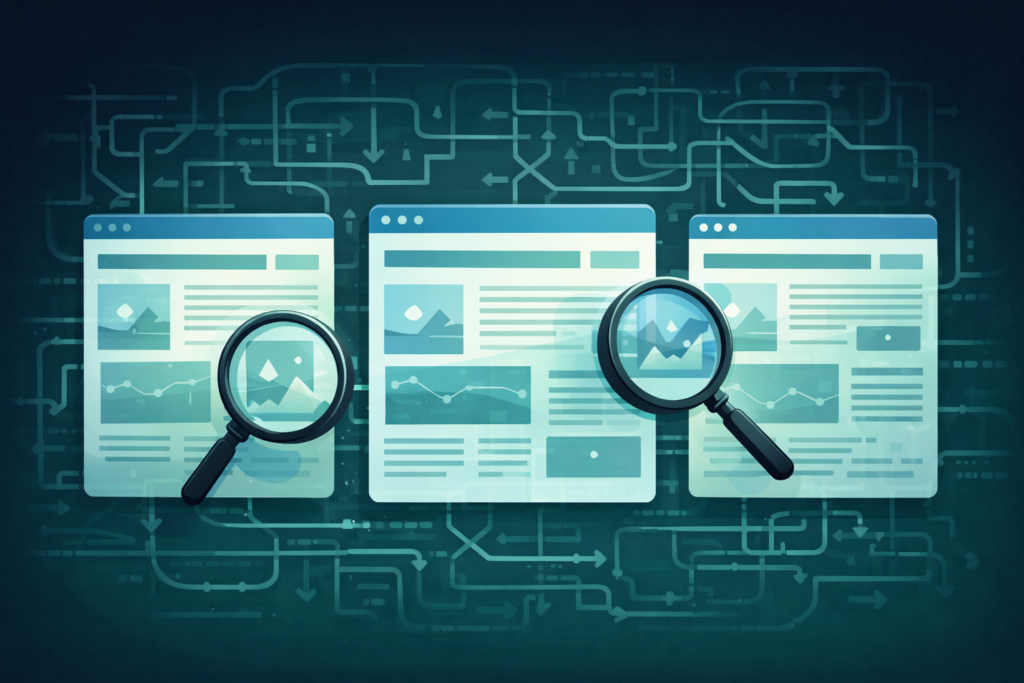 Illustration de pages web très similaires analysées et comparées, illustrant le duplicate content et la difficulté de compréhension