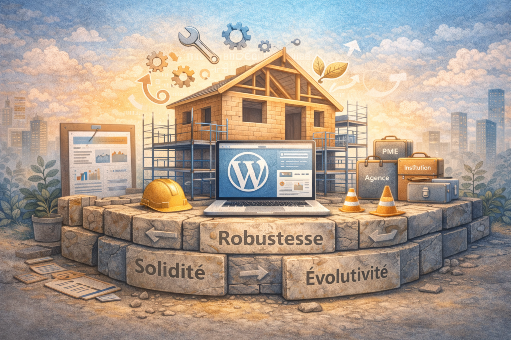 Illustration comparant un site WordPress construit sur des fondations solides à une structure évolutive et stable dans le temps.