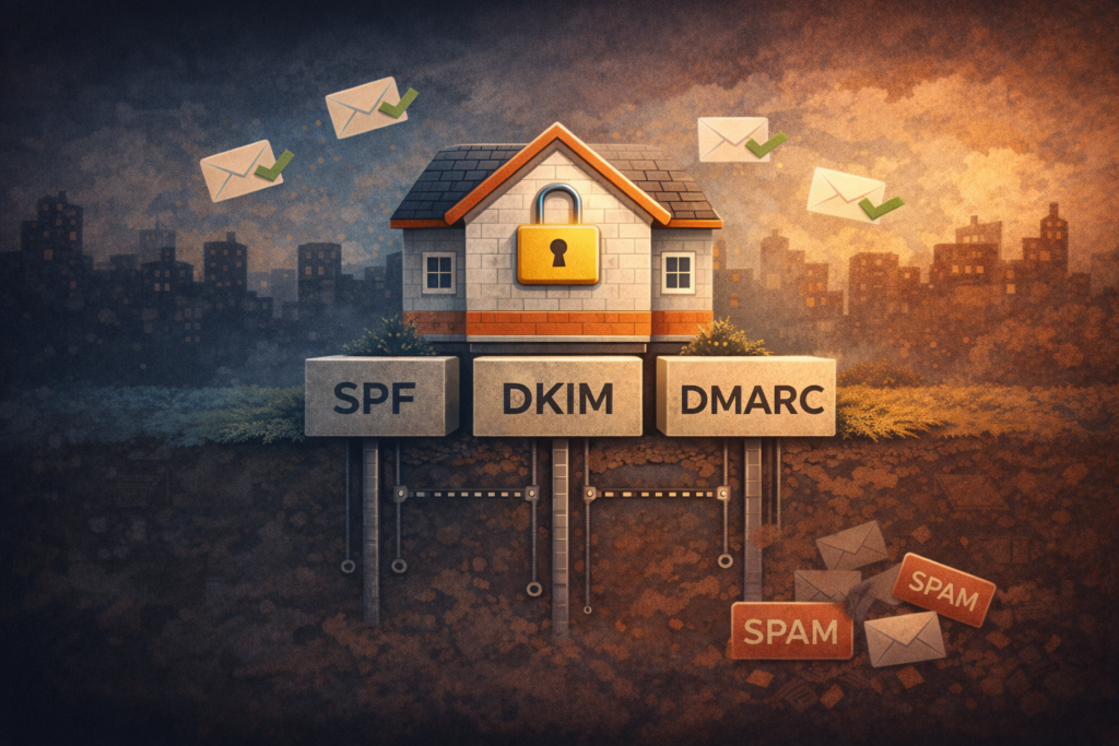 Illustration symbolisant la sécurité de l'email avec un bâtiment et les protocoles SPF, DKIM, DMARC, entouré d'emails et de spam.