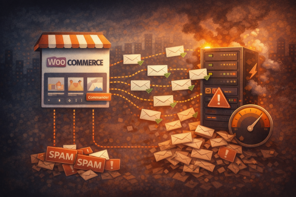 Illustration montrant une boutique WooCommerce générant de nombreux emails automatiques, saturant un serveur et provoquant des blocages et du spam.