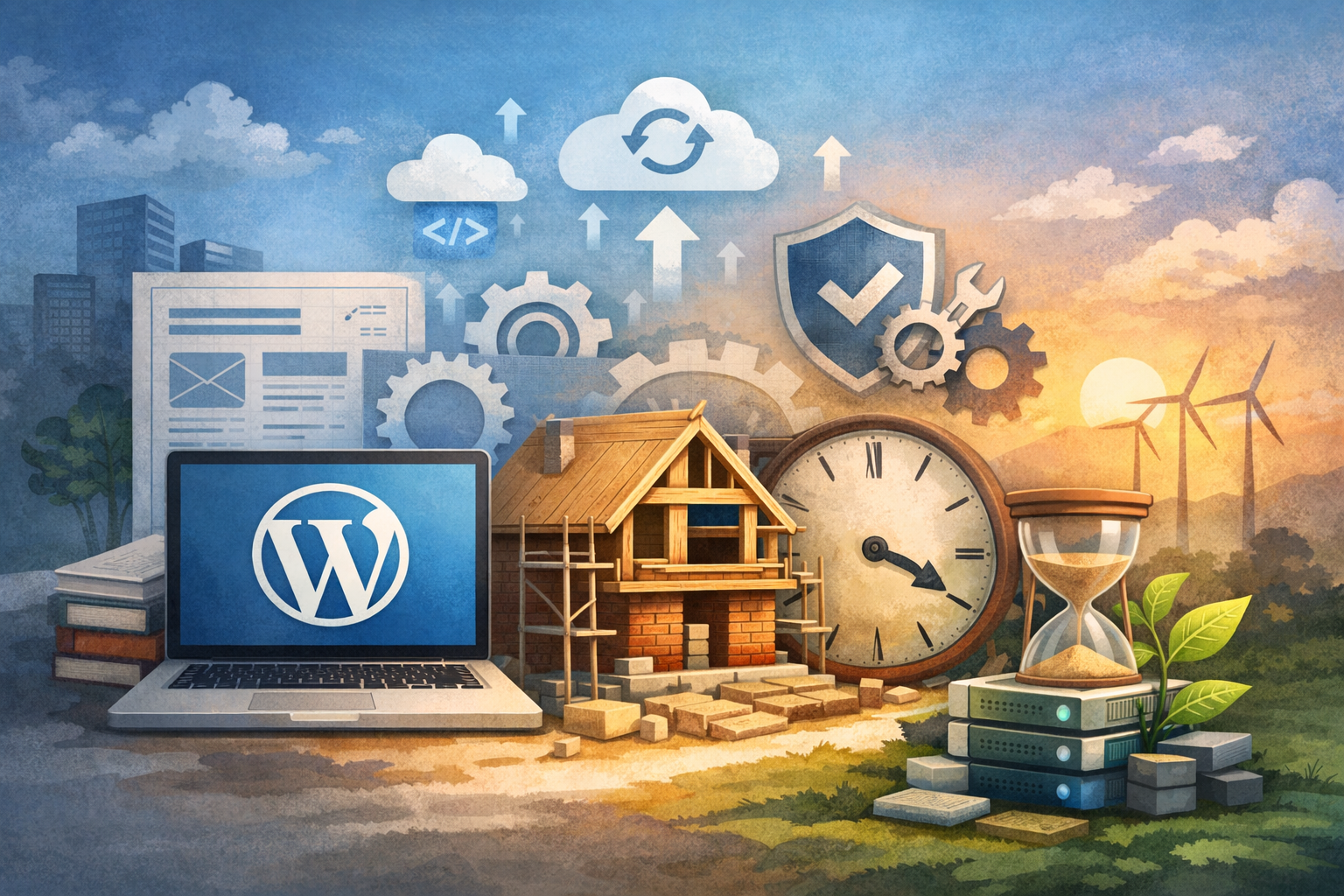 Illustration représentant un site WordPress construit pour durer : ordinateur avec logo WordPress, maison en construction, horloge et symboles de maintenance et d’évolution dans le temps.