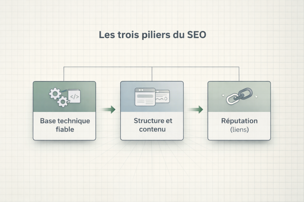 Diagramme illustrant les trois piliers du SEO : base technique, structure et contenu, réputation (liens).