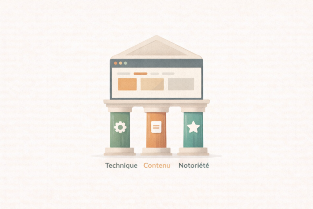 Illustration représentant trois piliers : Technique, Contenu et Notoriété, soutenant un site web.