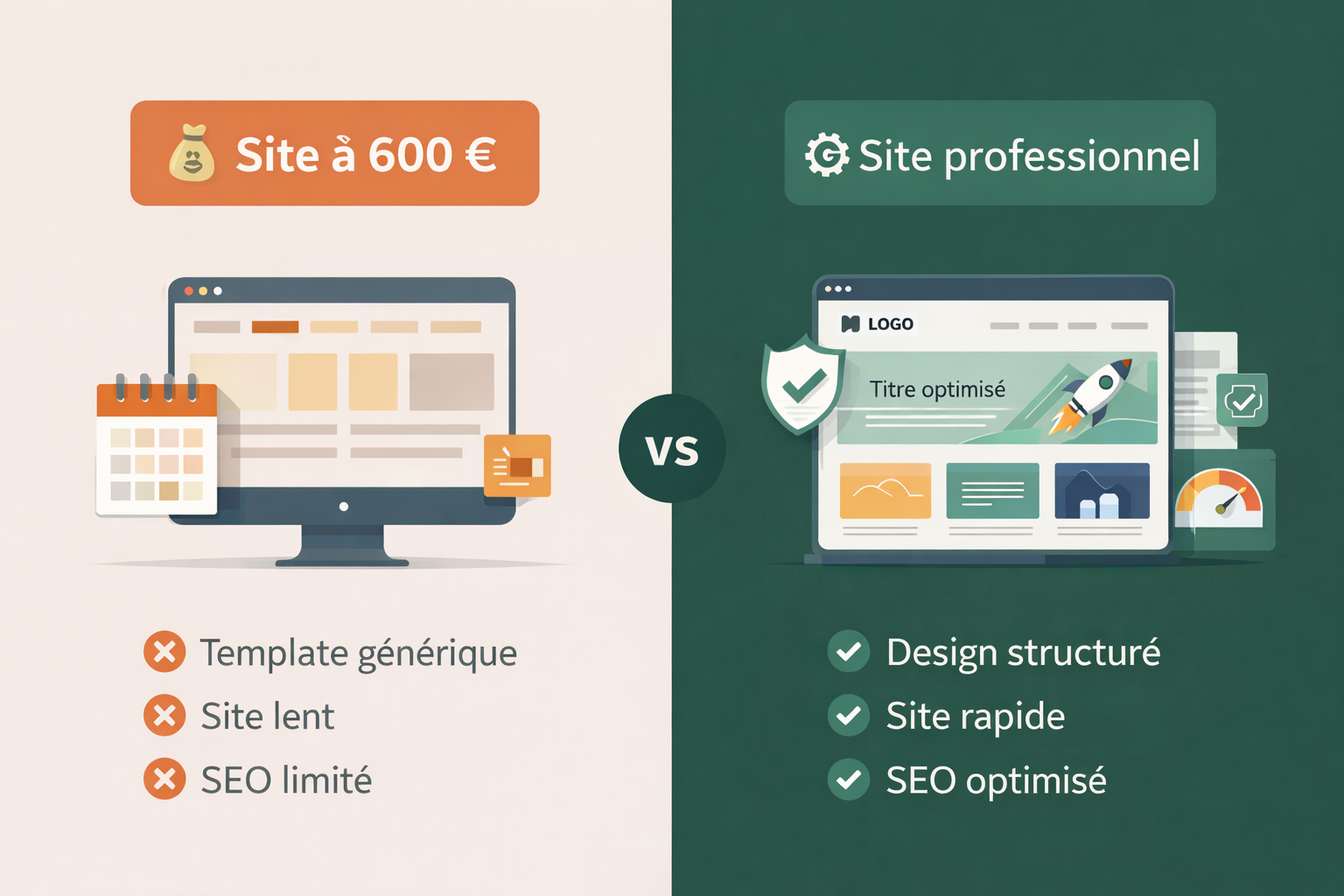 Comparaison entre un site à 600 € avec des limitations et un site professionnel performant et optimisé en design et SEO.