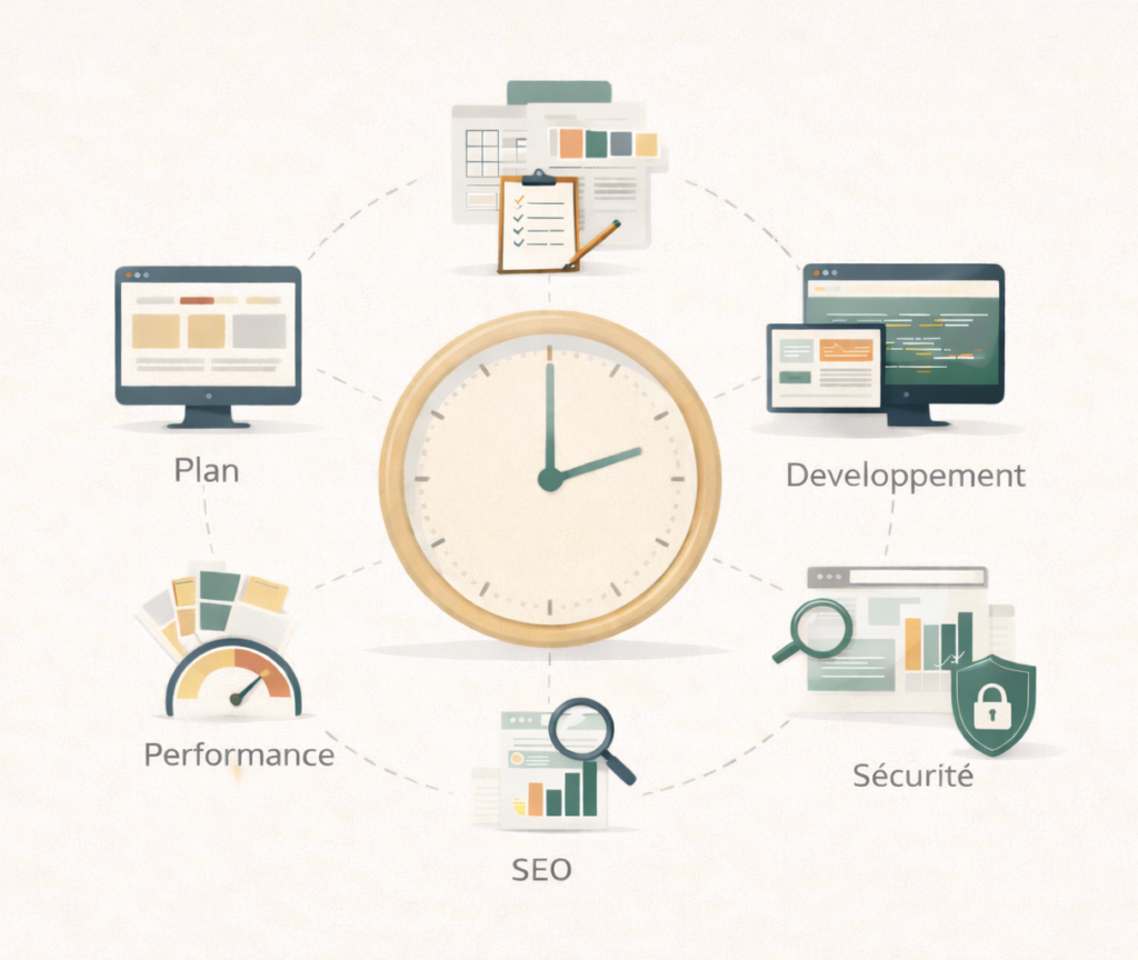 Infographie illustrant les étapes clés du développement web : planification, développement, performance, sécurité et SEO.