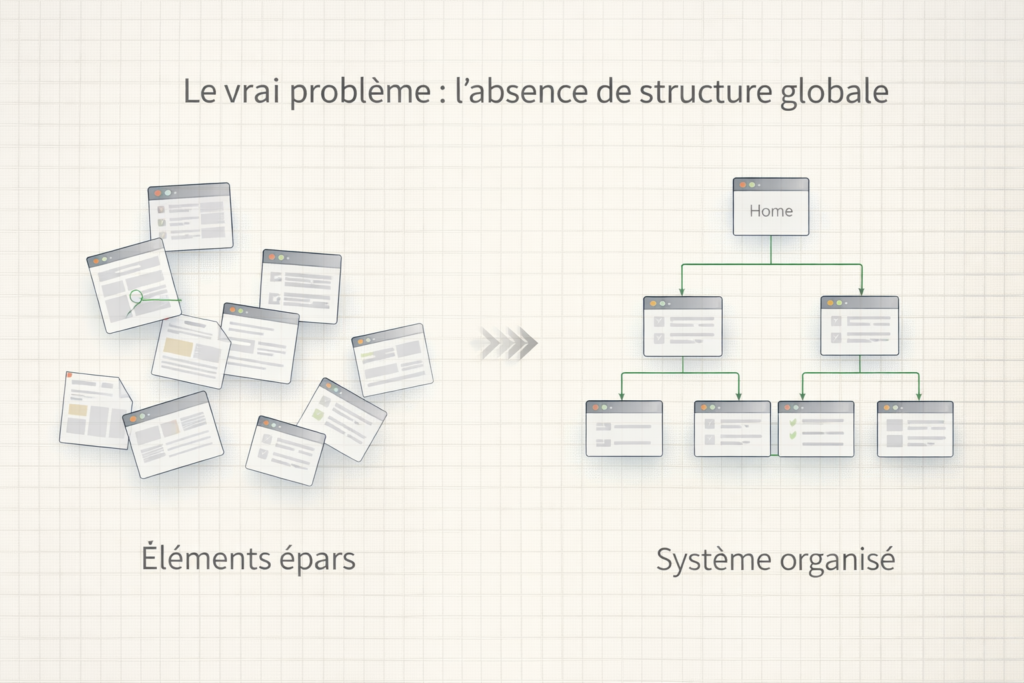 Illustration montrant la transition d'éléments épars vers un système organisé, mettant en évidence l'importance de la structure.