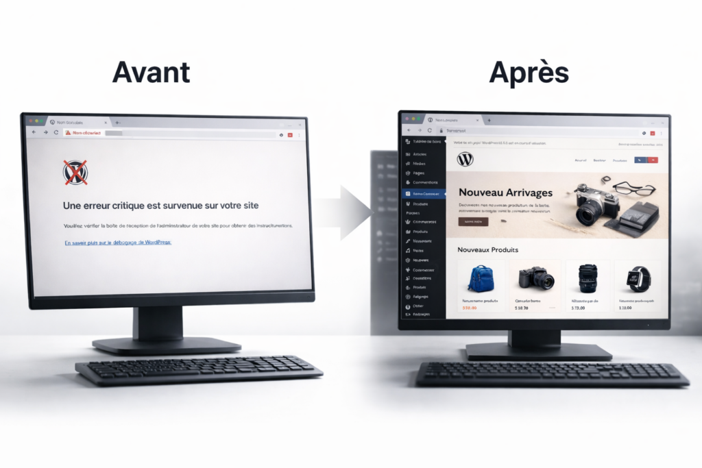 Écran d'ordinateur montrant une page d'erreur critiquée à gauche et un tableau de bord WordPress optimisé à droite.