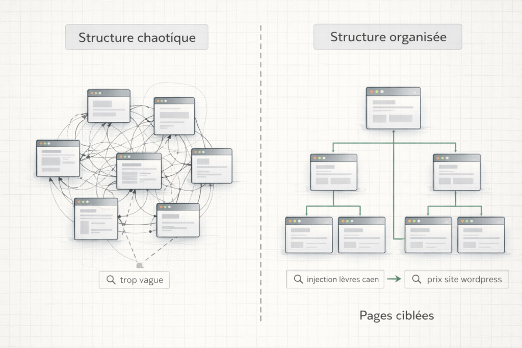 Comparaison entre une structure de site web chaotique et une structure organisée, avec des exemples de recherches ciblées.