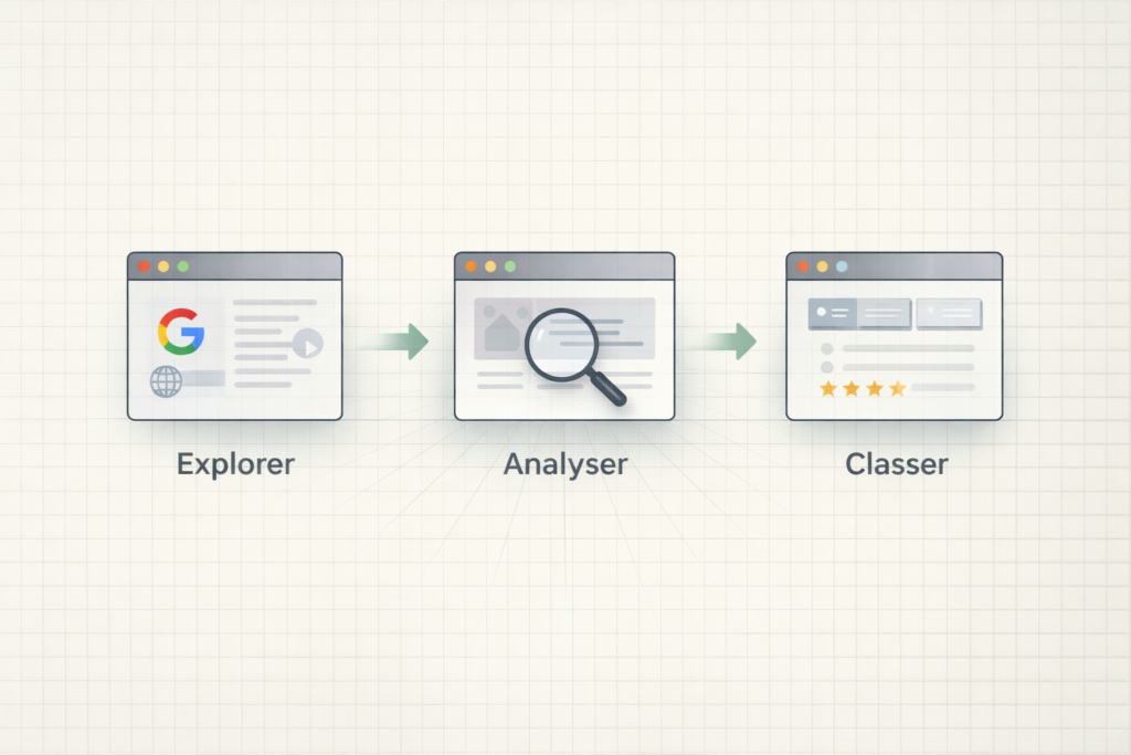 Illustration montrant un processus en trois étapes : explorer, analyser et classer des sites web.