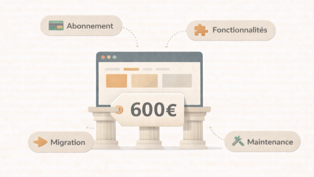 Visuel représentant un site web avec un coût de 600€, entouré de services comme abonnement, migration et maintenance.