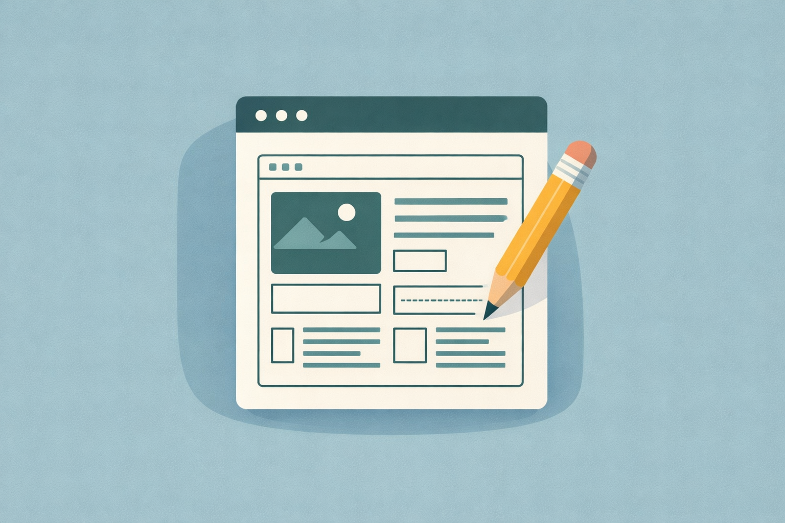 Illustration d'une page web avec un crayon, symbolisant la création de contenu et le design.