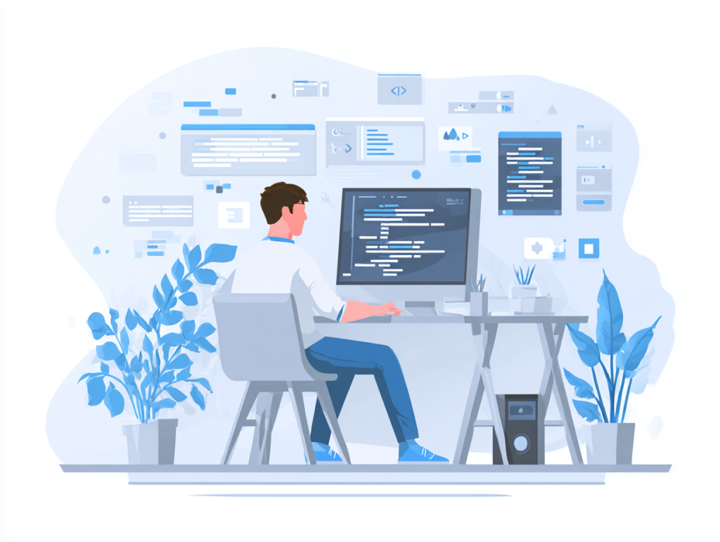 Un développeur web travaillant devant un ordinateur, entouré de plantes et d'éléments de codage en arrière-plan.