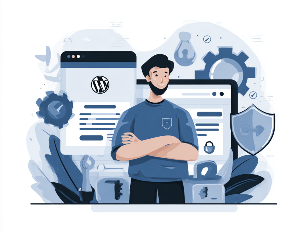 Illustration d'un développeur web avec des éléments WordPress, sécurité et outils, représentant les services de Matthieu Demeillat.