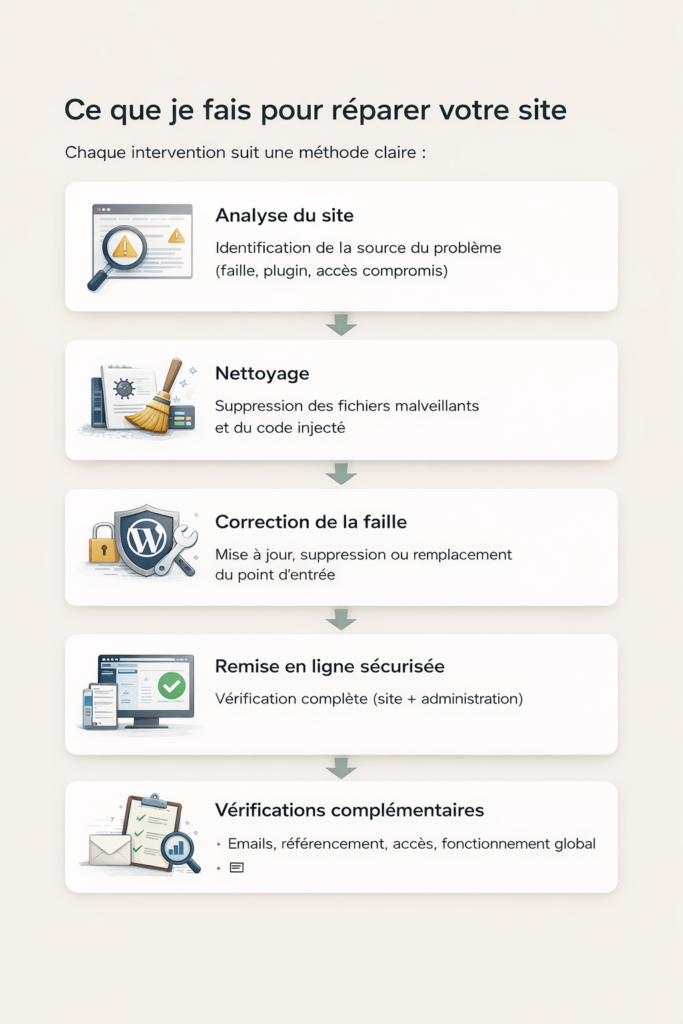 Méthodologie de réparation de site : analyse, nettoyage, correction, remise en ligne sécurisée et vérifications complémentaires.
