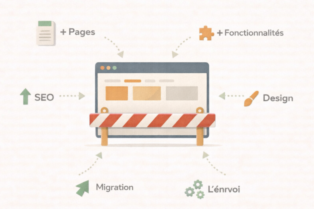 Visuel illustrant un site web en développement, avec des éléments indiquant SEO, pages, fonctionnalités, design, migration et envoi.