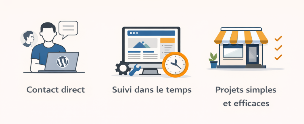 Icônes représentant un contact direct, un suivi temporel, et des projets web simples et efficaces.