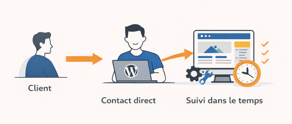 Illustration d'un processus de collaboration entre un client et un développeur WordPress à Caen, axé sur la communication directe.