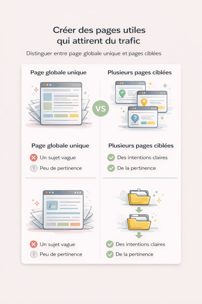Illustration comparant une page globale unique et plusieurs pages ciblées pour améliorer le trafic web.