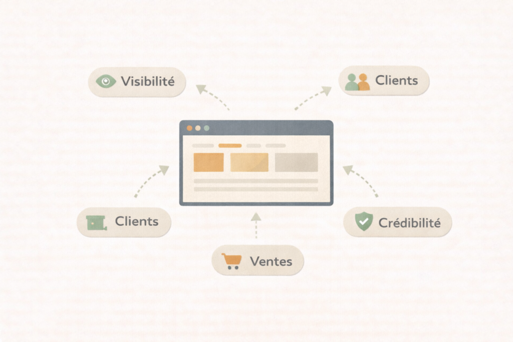 Diagramme illustrant les éléments clés d'un site web : visibilité, clients, crédibilité et ventes.