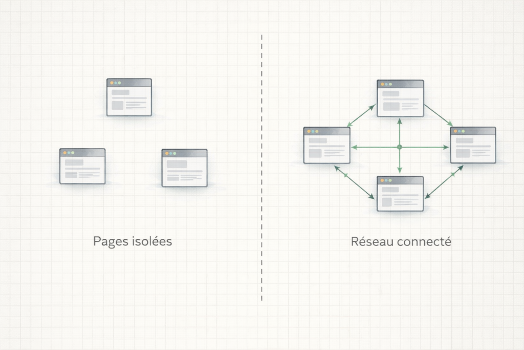 Illustration comparant des pages web isolées à un réseau web connecté.