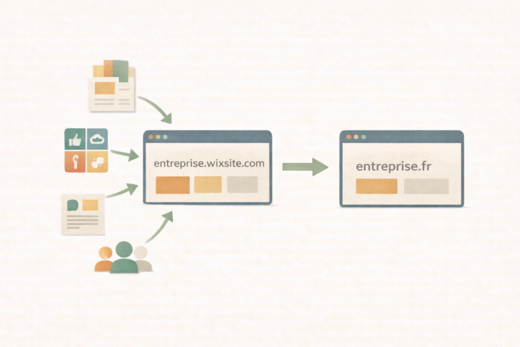 Illustration montrant la transition d'un site Wix à un domaine personnalisé pour une entreprise.