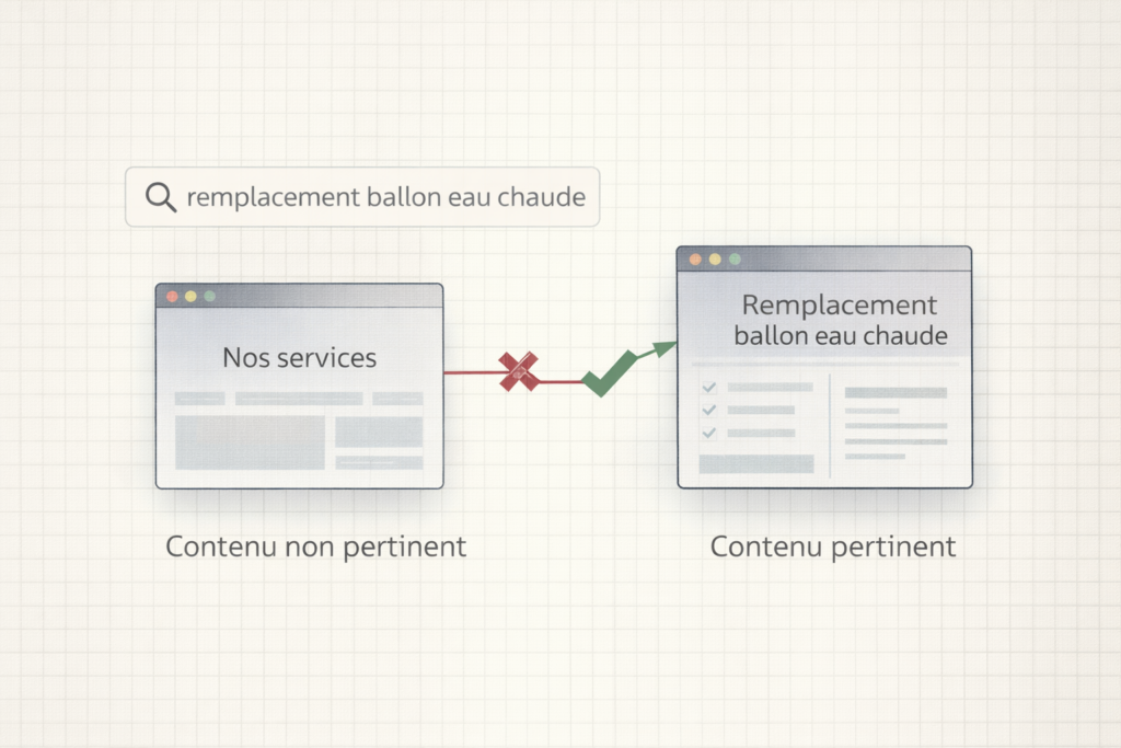 Illustration montrant une recherche pour "remplacement ballon eau chaude" avec résultats pertinents et non pertinents.