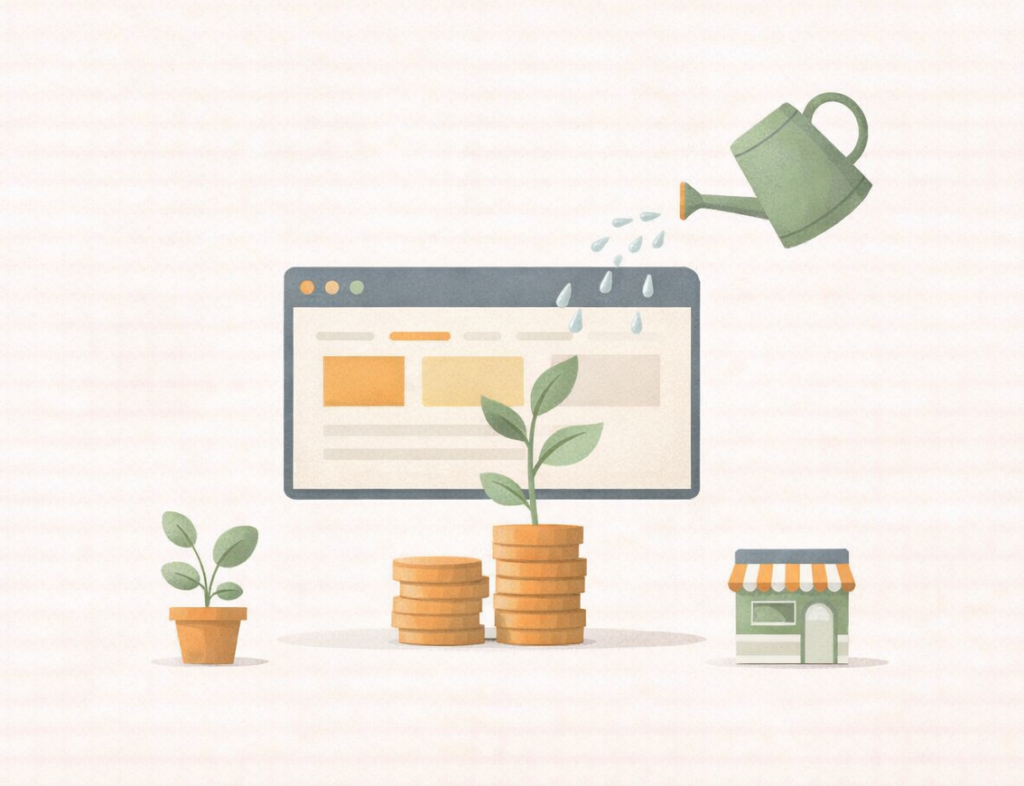 Illustration d'un écran d'ordinateur avec des plantes, symbolisant la croissance de sites web et l'importance du développement durable.