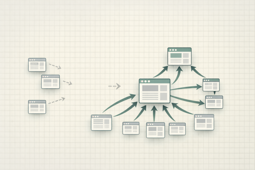 Schéma illustrant l'organisation et la navigation entre plusieurs pages web.