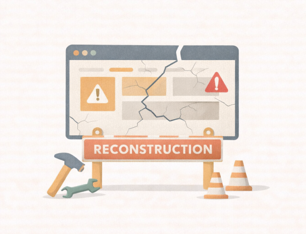Image symbolisant une page web en reconstruction avec un panneau "RECONSTRUCTION", des outils et des cônes de signalisation.