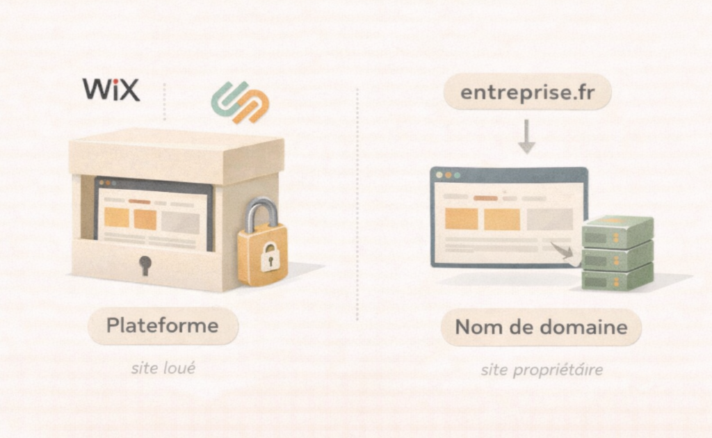 Illustration comparant une plateforme louée à un site de domaine propriétaire, avec des éléments de sécurité et de performance.