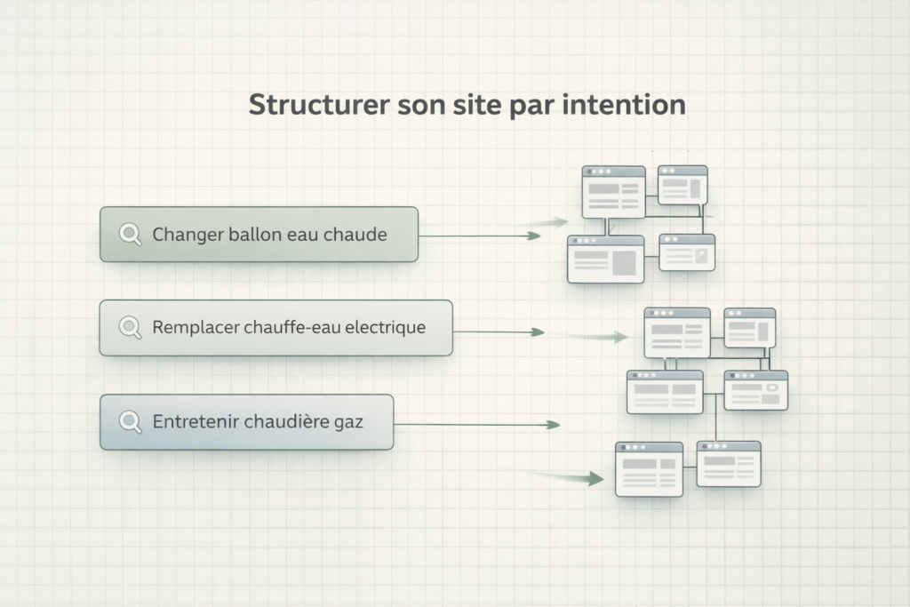 Diagramme expliquant comment structurer un site web selon l'intention des utilisateurs, avec des mots-clés de recherche.