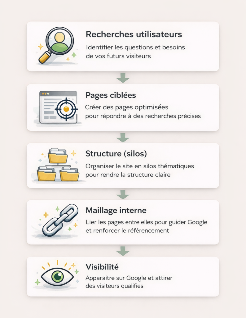 Schéma explicatif sur l'optimisation des sites web pour le référencement et la visibilité des utilisateurs.