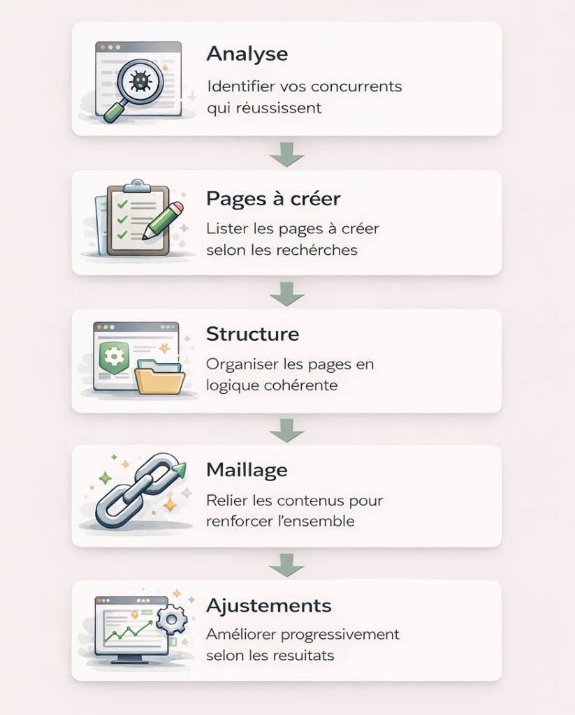 Diagramme illustrant les étapes de création d’un site web : analyse, pages à créer, structure, maillage et ajustements.