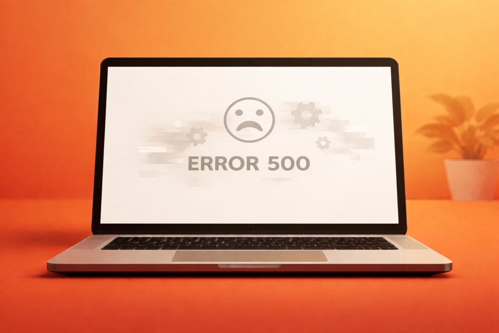 Ordinateur portable affichant une erreur 500 sur un fond orange.