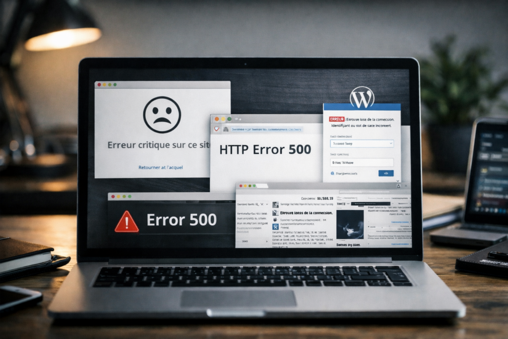 Écran d'ordinateur affichant plusieurs messages d'erreur HTTP 500 et un message d'erreur critique sur un site web.
